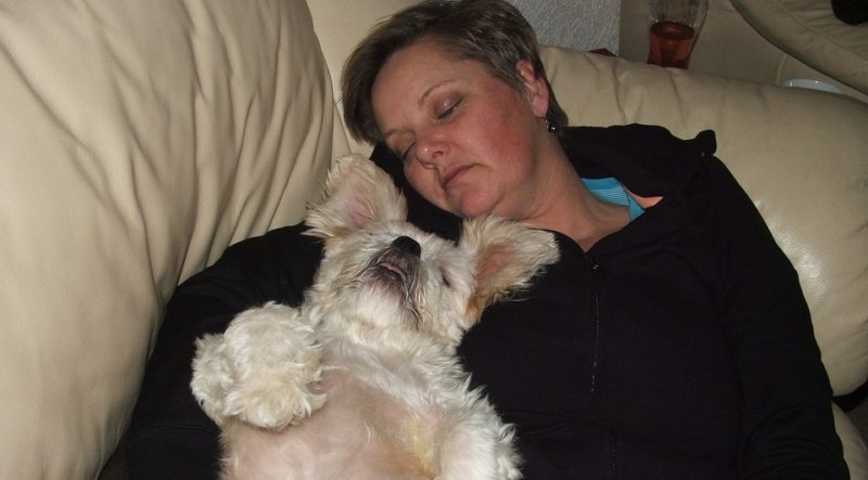 old lady sleeping with her dog